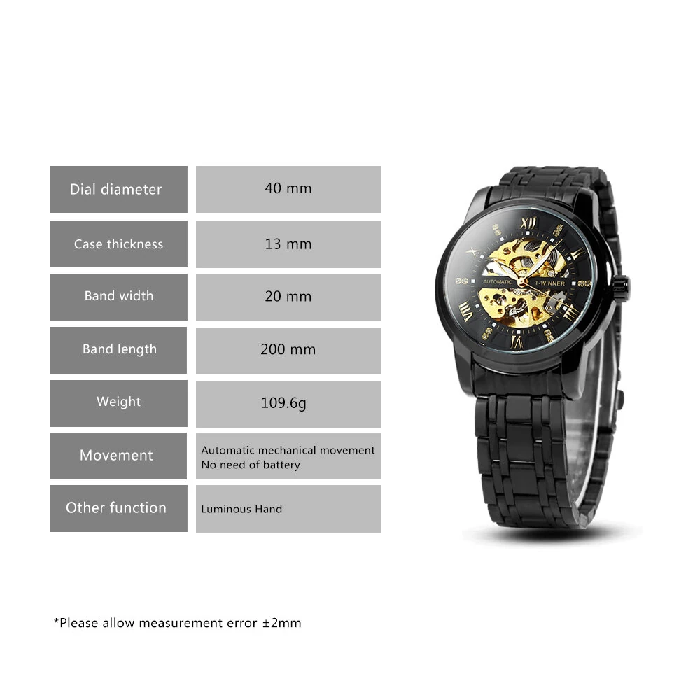 Classic Mechanical Watches Luxury Diamond Dial Black Gold Skeleton Automatic Mens Watch Stainless Steel Strap Wristwatch