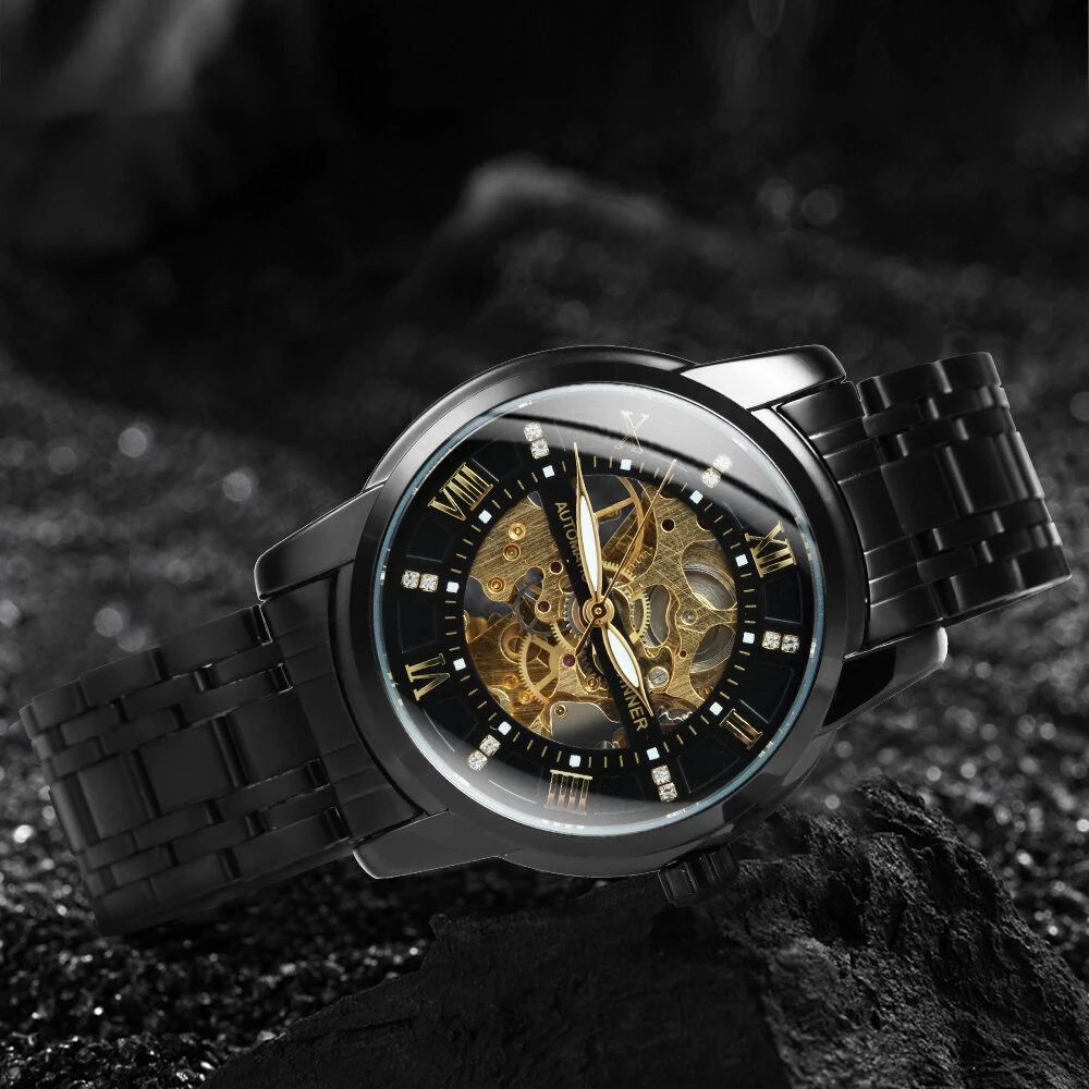 Classic Mechanical Watches Luxury Diamond Dial Black Gold Skeleton Automatic Mens Watch Stainless Steel Strap Wristwatch
