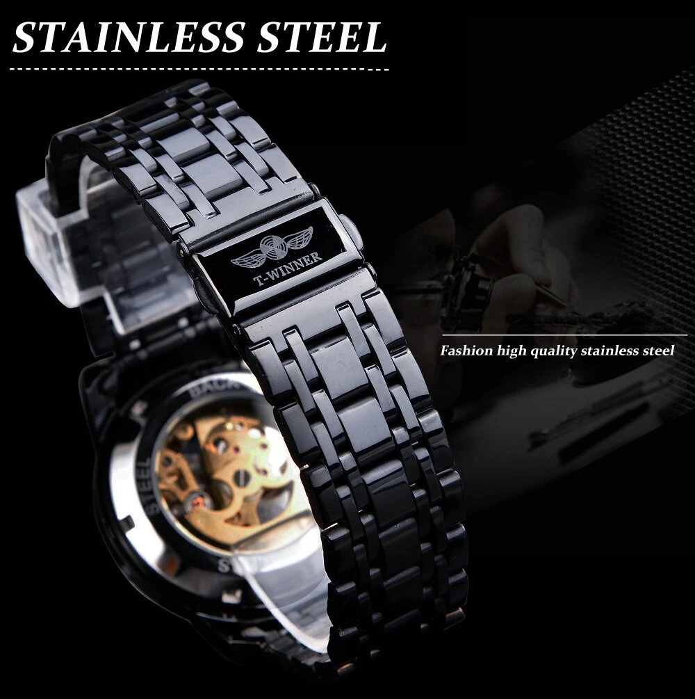 Classic Mechanical Watches Luxury Diamond Dial Black Gold Skeleton Automatic Mens Watch Stainless Steel Strap Wristwatch
