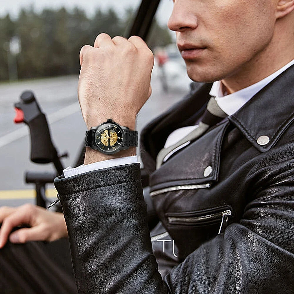 Classic Mechanical Watches Luxury Diamond Dial Black Gold Skeleton Automatic Mens Watch Stainless Steel Strap Wristwatch