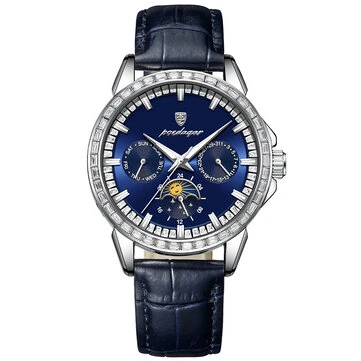 POEDAGAR Business Men Watch Luxury Rhinestone Leather Wristwatch Luminous Waterproof Calendar Quartz Watch
