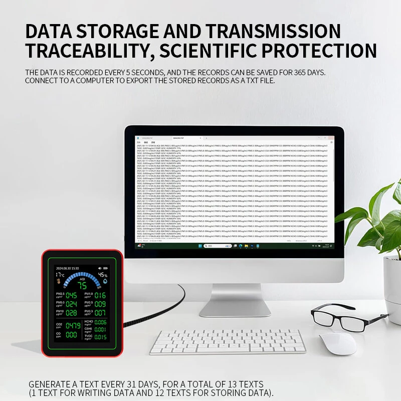 18-in-1 Air Quality Detector Formaldehyde CO TVOC CO2 PM1.0 PM2.5 Monitor Temperature Humidity High Precision Portable Sensor Data Export TFT Screen ZN-MT32
