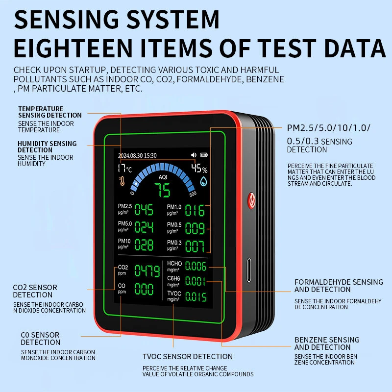 18-in-1 Air Quality Detector Formaldehyde CO TVOC CO2 PM1.0 PM2.5 Monitor Temperature Humidity High Precision Portable Sensor Data Export TFT Screen ZN-MT32