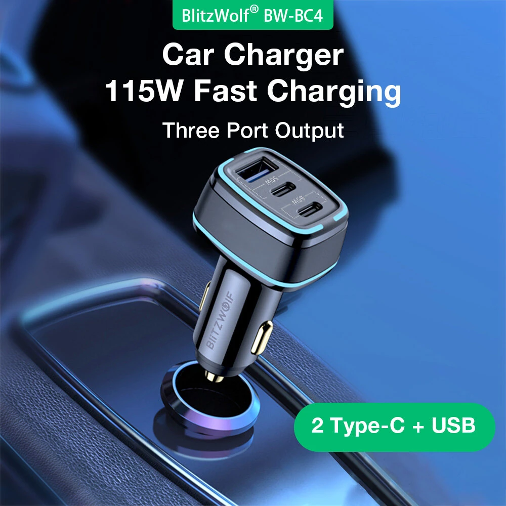 BlitzWolf® BW-BC4 115W 3-Port USB PD Car Charger Adapter 2 USB-C+USB-A PD QC FCP AFC SCP Fast Charging for iPhone 16 16 Pro 15 14 13 Pro Max for Samsung Galaxy Z Flip6 for Xiaomi MIX Fold4 for Huawei Mate XT