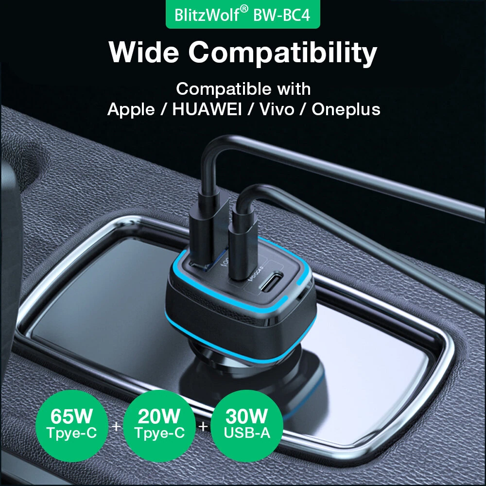 BlitzWolf® BW-BC4 115W 3-Port USB PD Car Charger Adapter 2 USB-C+USB-A PD QC FCP AFC SCP Fast Charging for iPhone 16 16 Pro 15 14 13 Pro Max for Samsung Galaxy Z Flip6 for Xiaomi MIX Fold4 for Huawei Mate XT