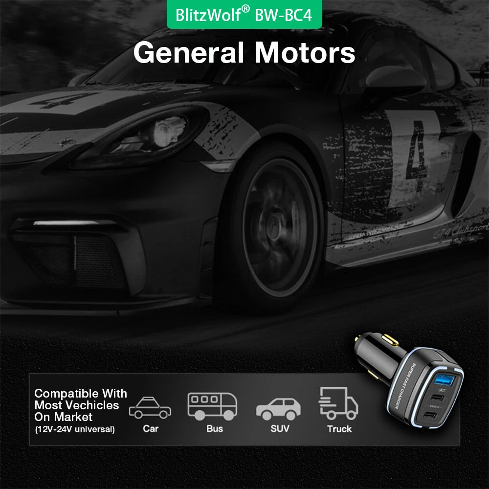 BlitzWolf® BW-BC4 115W 3-Port USB PD Car Charger Adapter 2 USB-C+USB-A PD QC FCP AFC SCP Fast Charging for iPhone 16 16 Pro 15 14 13 Pro Max for Samsung Galaxy Z Flip6 for Xiaomi MIX Fold4 for Huawei Mate XT