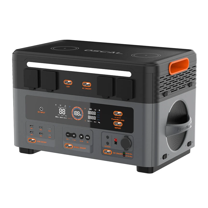 Blackview OSCAL PowerMax 2400 2400W 1872Wh Portable Power Station LiFePO4 Solar Generator with AC/DC/USB/Car CigaretteLighter/Wireless Charging Pad Built-in Powerful Dual Speakers for Camping House Travelling