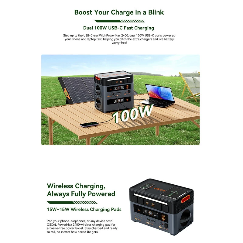 Blackview OSCAL PowerMax 2400 2400W 1872Wh Portable Power Station LiFePO4 Solar Generator with AC/DC/USB/Car CigaretteLighter/Wireless Charging Pad Built-in Powerful Dual Speakers for Camping House Travelling
