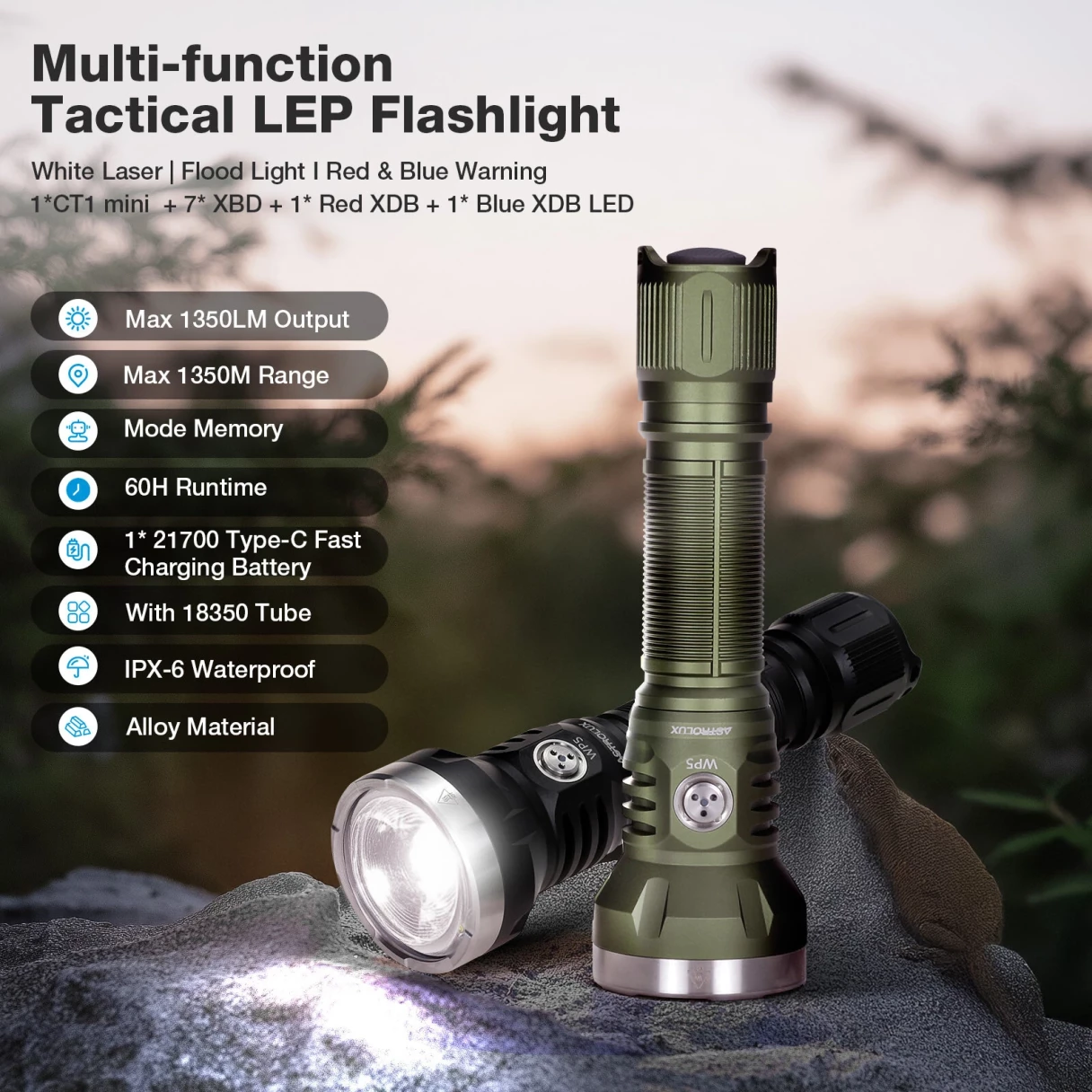 Astrolux® WP5 1350M Long Distance Throwing LEP Flashlight 3in1 with 1200LM LED Flood Light & Red Blue AUX Light EDC Strong Spotlight Waterproof Search Torch With Type-C Charging 21700 Li-ion Battery