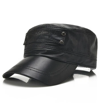 Collrown Genuine Sheepskin Leather Cap Men's Flat Cap Adjustable Outdoor Casual Black Caps for Spring Fall