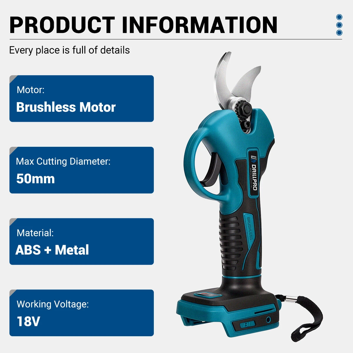 Drillpro Electric Pruner Brushless Motor 18V SK5 High Carbon Steel Blades 50mm Max Cutting Diameter Cordless Pruning Shears Garden Tool