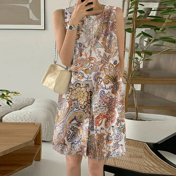 ZANZEA Women's Bohemian Printed Round Neck Pleated Sundress Loose Sleeveless Midi Dress