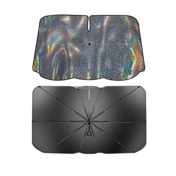 Chameleon Foldable Car Front Windshield Sunshade Umbrella UV-Reflective Laser Car Sunshade Cover Colorful Heat Insulation Silver Gel Windscreen Car Sunscreen with 360° Rotatable Handle