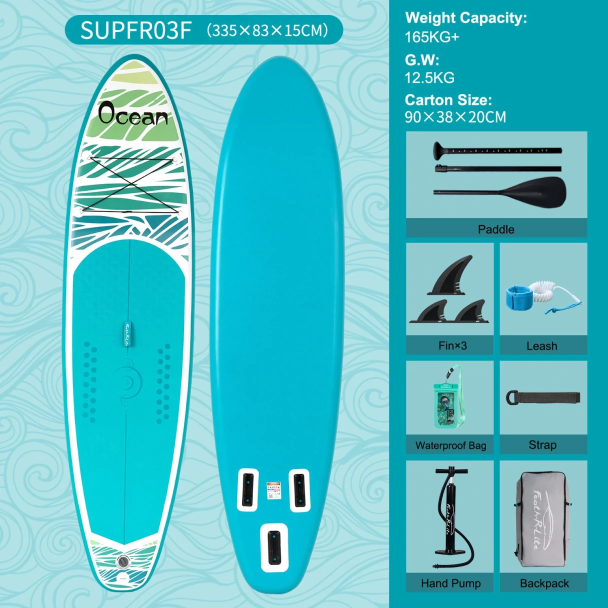 [EU Direct] FunWater 335cm Inflatable Stand Up Paddle Board Ultra-Light Surfboard with Accessories Adj Paddle, Backpack, Pump, Phone Bag, Leash SUPFR03F
