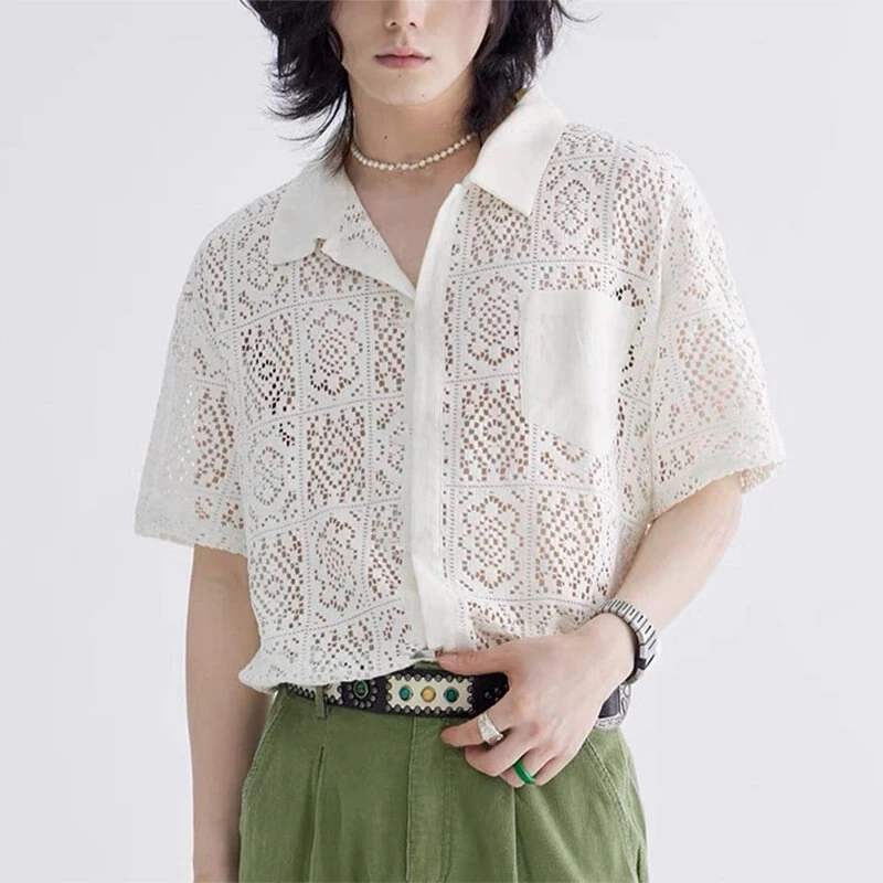 INCERUN Men Shirts Patchwork Lace Floral Lapel White Shirt Summer Daily Cool Short Sleeve Men's White Top