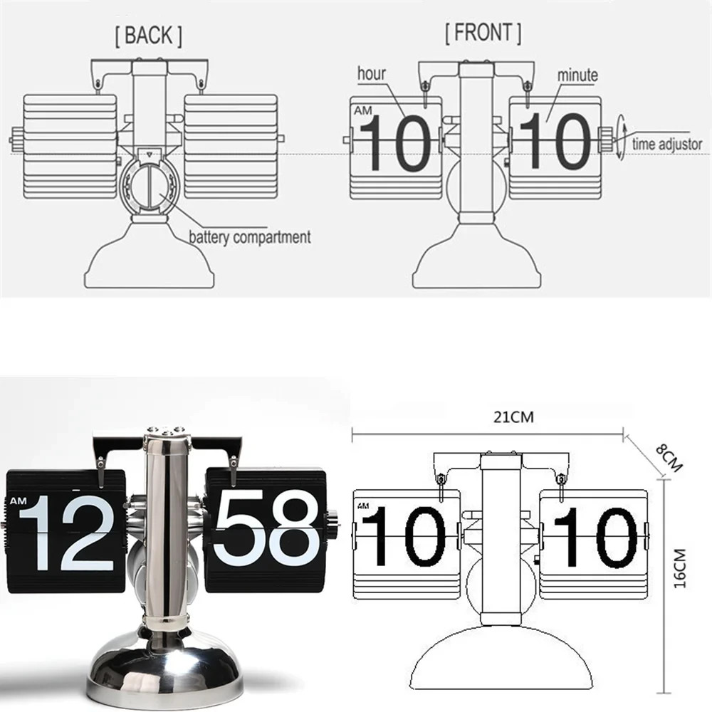 Vintage Flip Clock 12-Hour Automatic Flip Clock Retro Stainless Steel Desk Clock Large Time Display Clock for Living Room Bedroom Household