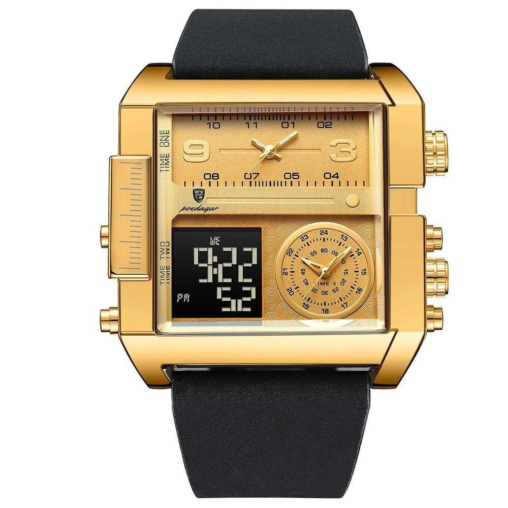 POEDAGAR Luxury Men Quartz Watch Fashion Rectangle Sport Watch Waterproof Multifunction Electronic Dual Display Wristwatch