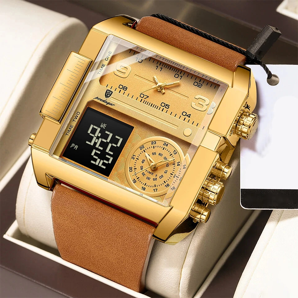 POEDAGAR Luxury Men Quartz Watch Fashion Rectangle Sport Watch Waterproof Multifunction Electronic Dual Display Wristwatch