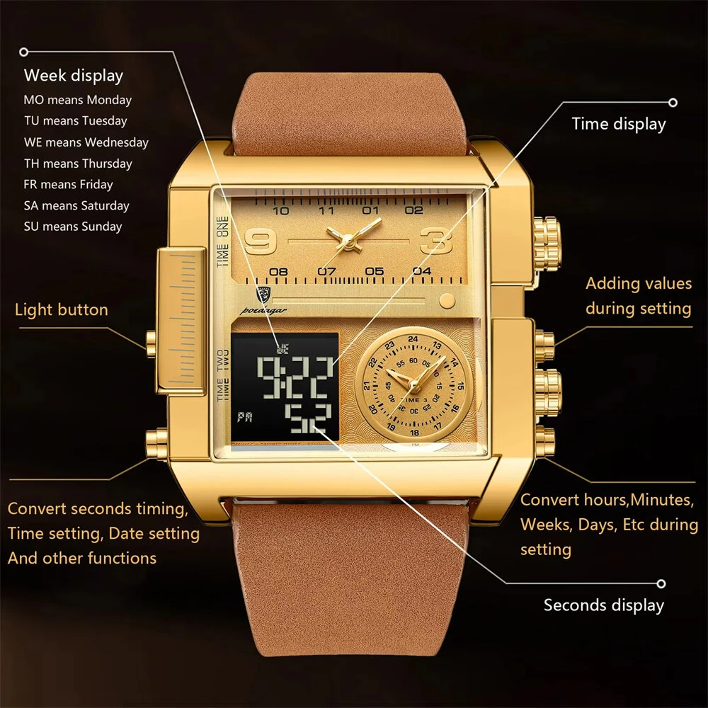 POEDAGAR Luxury Men Quartz Watch Fashion Rectangle Sport Watch Waterproof Multifunction Electronic Dual Display Wristwatch