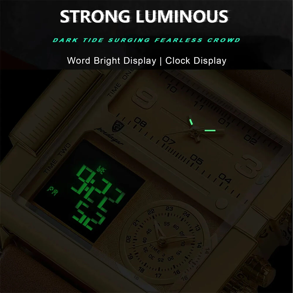 POEDAGAR Luxury Men Quartz Watch Fashion Rectangle Sport Watch Waterproof Multifunction Electronic Dual Display Wristwatch