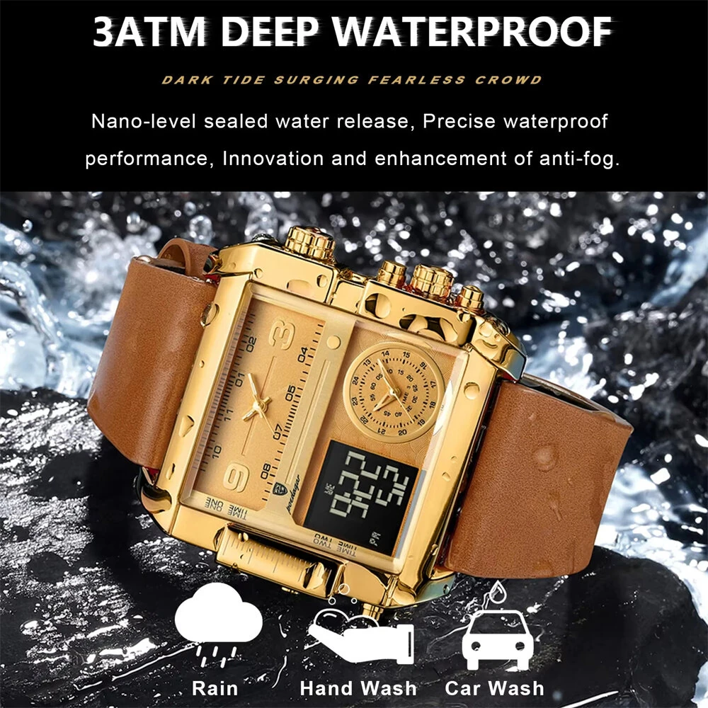 POEDAGAR Luxury Men Quartz Watch Fashion Rectangle Sport Watch Waterproof Multifunction Electronic Dual Display Wristwatch