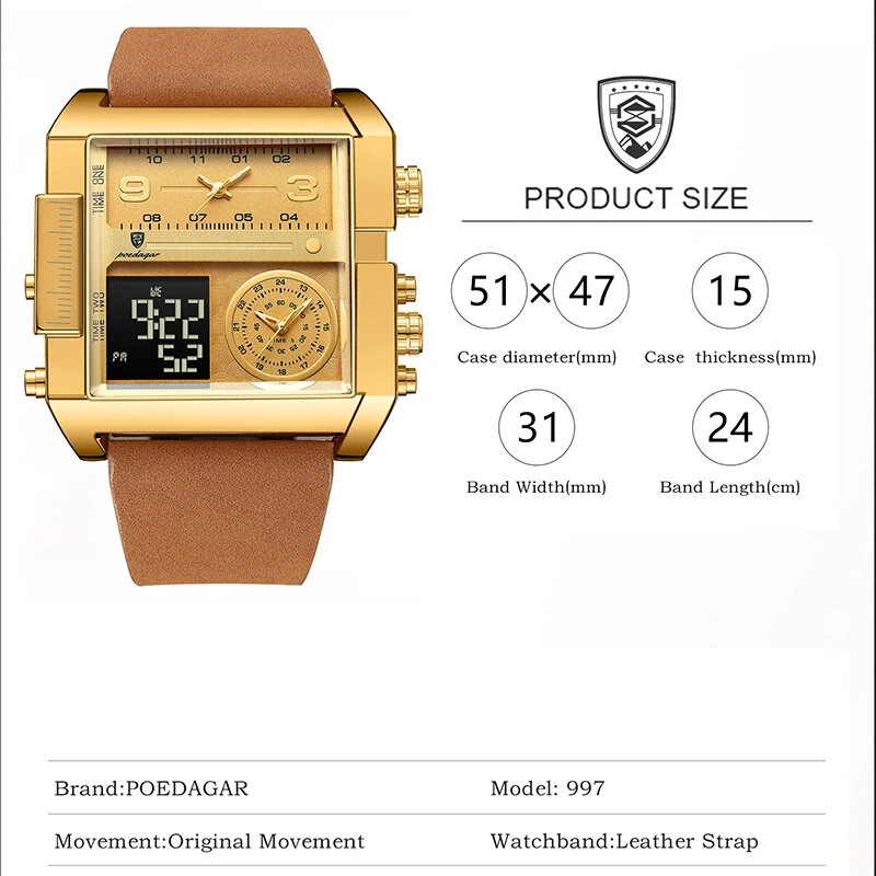 POEDAGAR Luxury Men Quartz Watch Fashion Rectangle Sport Watch Waterproof Multifunction Electronic Dual Display Wristwatch