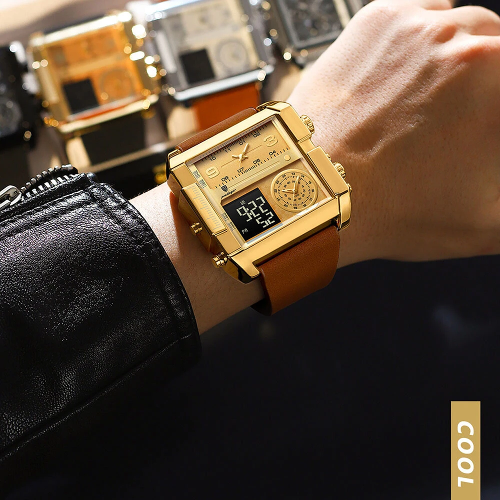POEDAGAR Luxury Men Quartz Watch Fashion Rectangle Sport Watch Waterproof Multifunction Electronic Dual Display Wristwatch