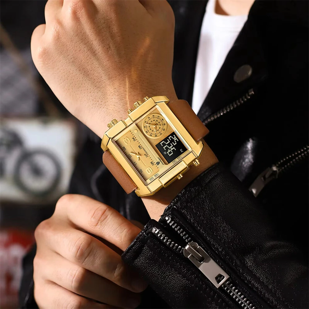 POEDAGAR Luxury Men Quartz Watch Fashion Rectangle Sport Watch Waterproof Multifunction Electronic Dual Display Wristwatch