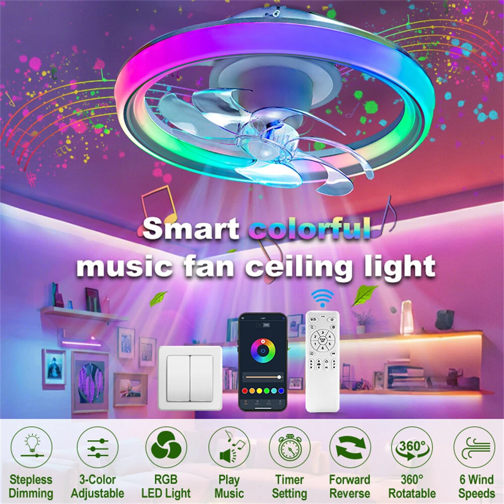 [EU Direct] Elfeland 90W 48cm LED RGB Smart Ceiling Fan Light with Built-in Speaker Music Sync 360° Rotatable 6-Speed Quiet Fan Timer APP & Remote Control