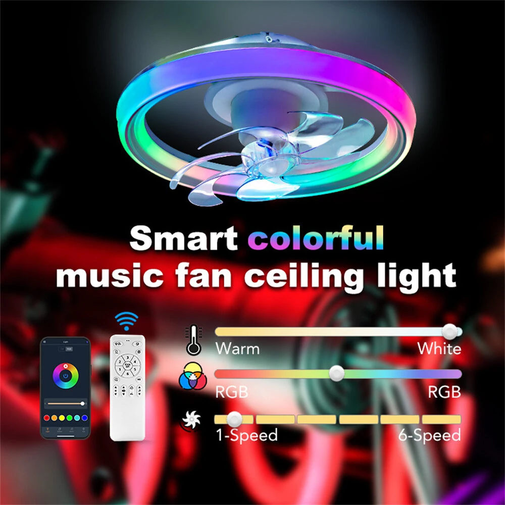 [EU Direct] Elfeland 90W 48cm LED RGB Smart Ceiling Fan Light with Built-in Speaker Music Sync 360° Rotatable 6-Speed Quiet Fan Timer APP & Remote Control