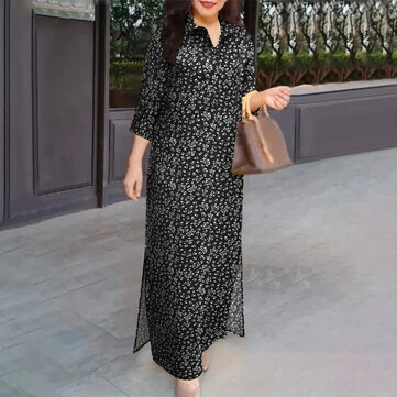 ZANZEA Women Vintage 3/4 Sleeve Lapel Split Dresses Floral Print Long Casual Shirtdress