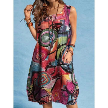 ZANZEA Women Plus Size Abstract Painted Button Pocket Sleeveless Casual Beach Midi Dress