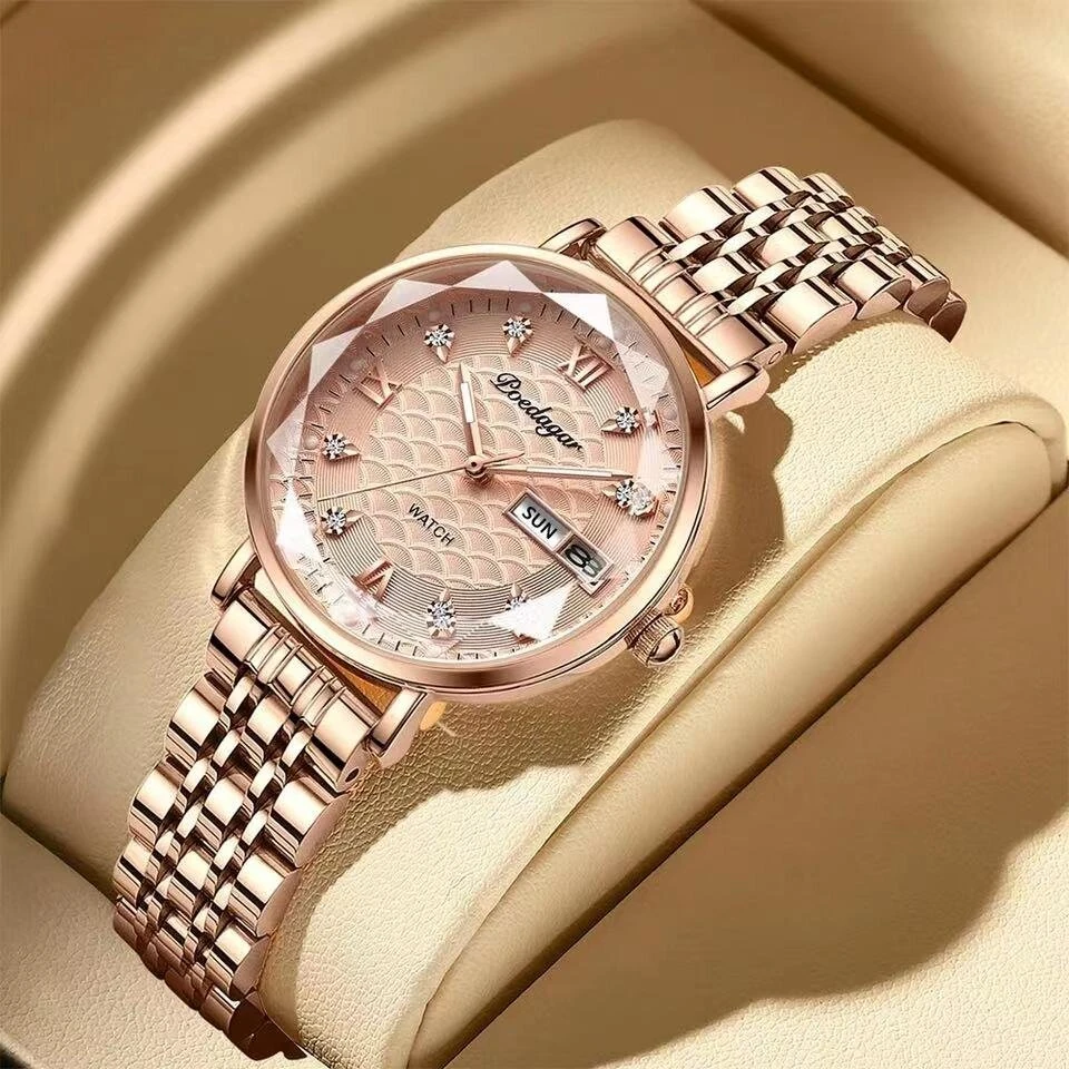 POEDAGAR Women Luxury Rhinestone Quartz Watch Waterproof Luminous Wristwatch Calendar Analog Stainless Steel Wrist Watch Elegant Ladies Watches