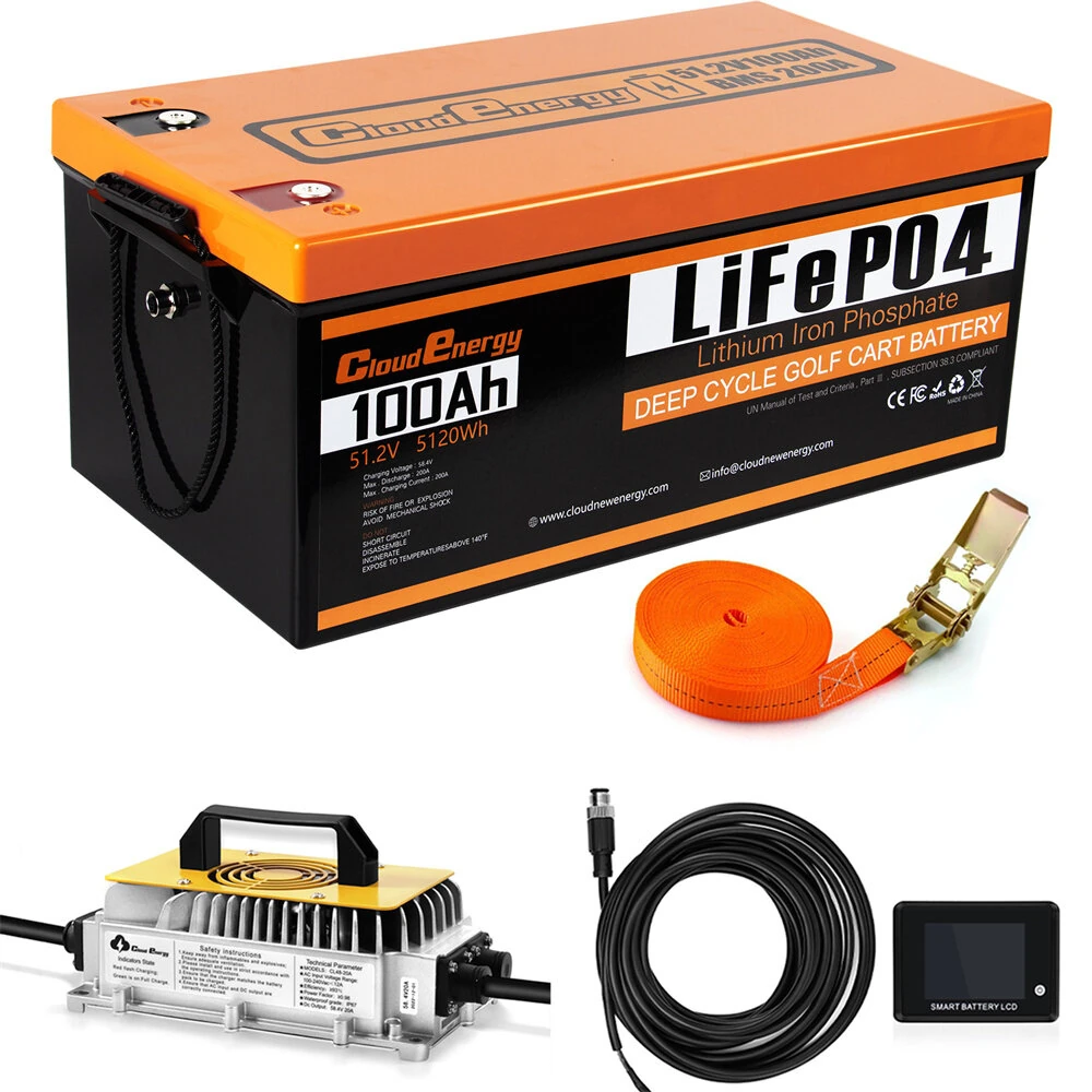 [EU Direct] Cloudenergy 48V(51.2V) 100Ah LiFePO4 Golf Cart Battery, with 20A Charger, 5120Wh Energy, Built-in 200A Bluetooth BMS, 10240W Max. Load Power, Touch Monitor, 6000+ Cycles, for Golf Carts, Trolling Motor, CL48-100GS