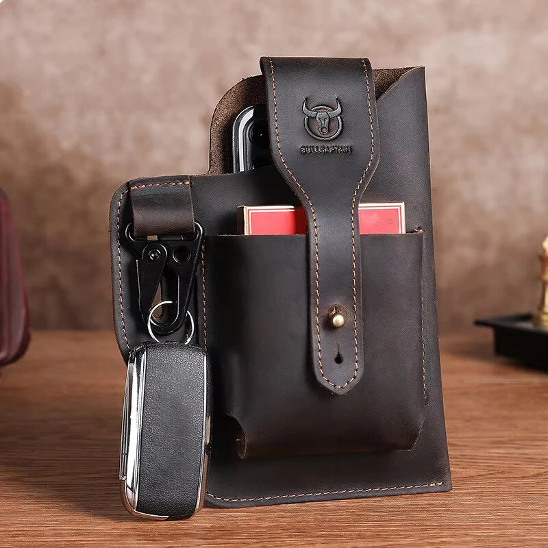 BULLCAPTAIN Genuine Leather Waist Bag for Men Belt Bag Packs 7inch Cell Phone Purse Waist Bag Wear Buckle Retro Belt Pack