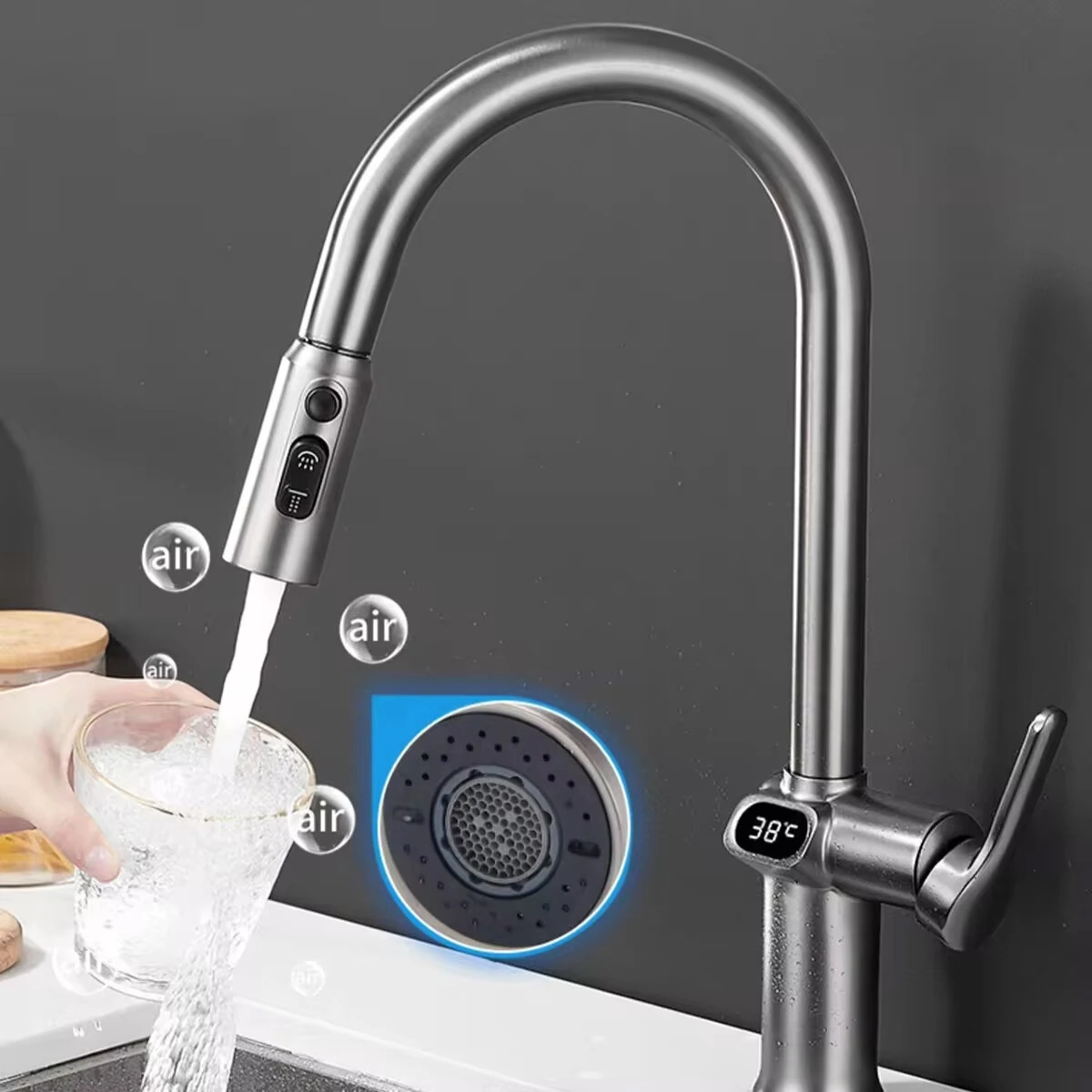 Temperature Digital LCD Display Pull Out Faucet Kitchen Single Handle Kitchen Sink Rotation Mixer Sprayer Hot And Cold Water Taps