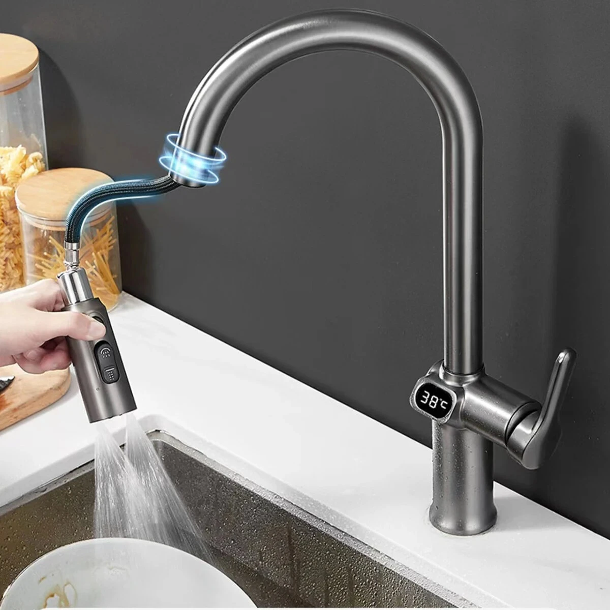 Temperature Digital LCD Display Pull Out Faucet Kitchen Single Handle Kitchen Sink Rotation Mixer Sprayer Hot And Cold Water Taps