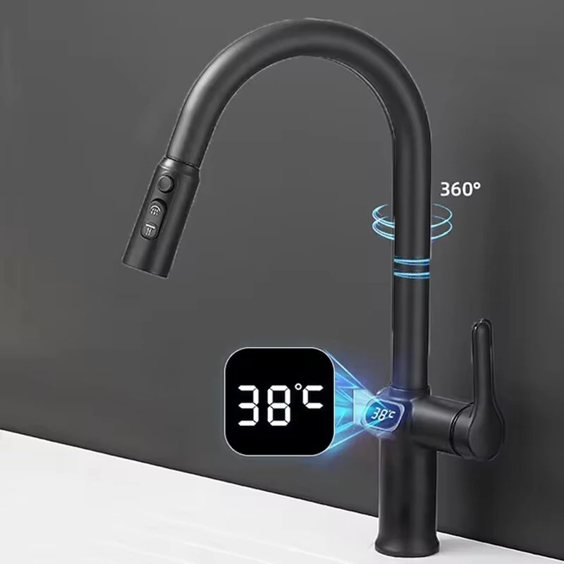Temperature Digital LCD Display Pull Out Faucet Kitchen Single Handle Kitchen Sink Rotation Mixer Sprayer Hot And Cold Water Taps