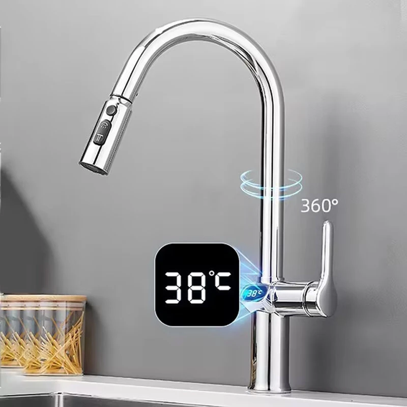 Temperature Digital LCD Display Pull Out Faucet Kitchen Single Handle Kitchen Sink Rotation Mixer Sprayer Hot And Cold Water Taps