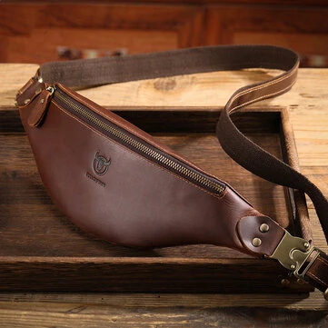 BULLCAPTAIN Genuine Leather Men's Belt Bag Crazy Horse Leather Casual Crossbody Bag Classic Retro Chest Bag Outdoor Storage Mountaineering Mobile Phone Bag Waist Bag