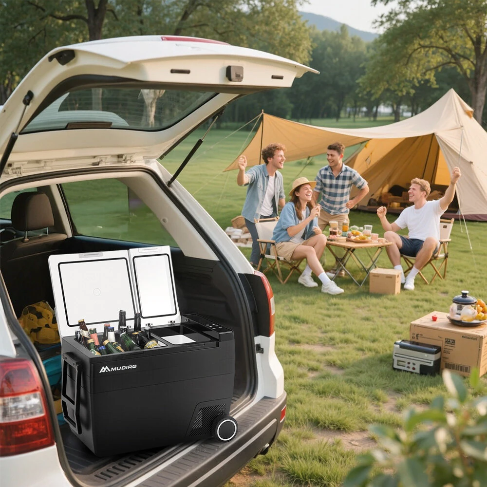 MUDIRO MR-Z55 12V Car Refrigerator 58 Quart (55L) Portable Fridge Freezer Dual Zone -4℉-68℉ Compressor Electric Cooler 12/24V DC, 110~240V AC for Overlanding, Camping, RV, Truck