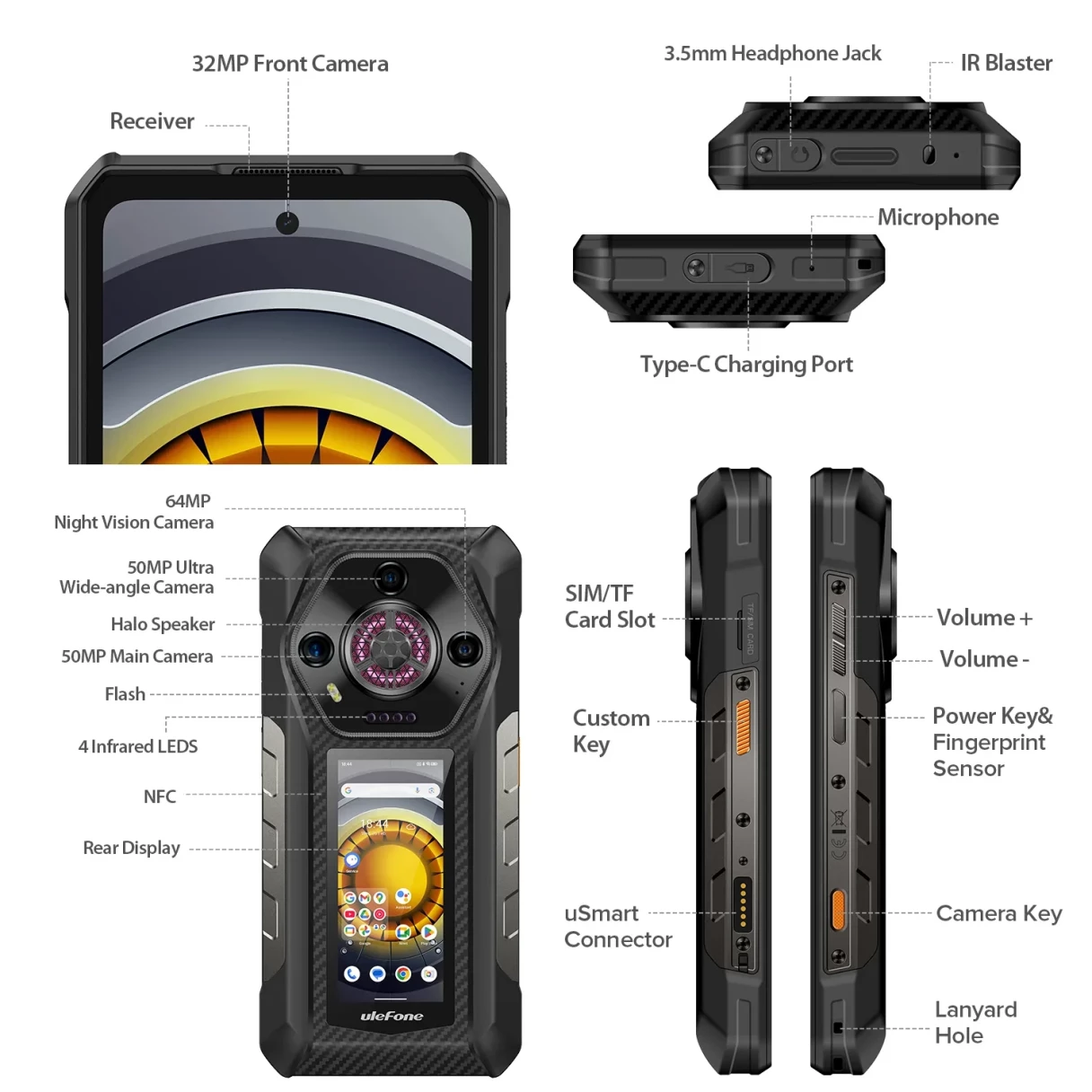 Ulefone Armor 30 Pro 5G AI Dual Display Loudspeaker 32GB RAM 512GB ROM 50MP Triple Camera 64MP Night Vision Dimensity 7300X 6.95 inch 120Hz 12800mAh 66W Fast Charge WiFi 6E NFC IP68 IP69K Waterproof Rugged Smartphone