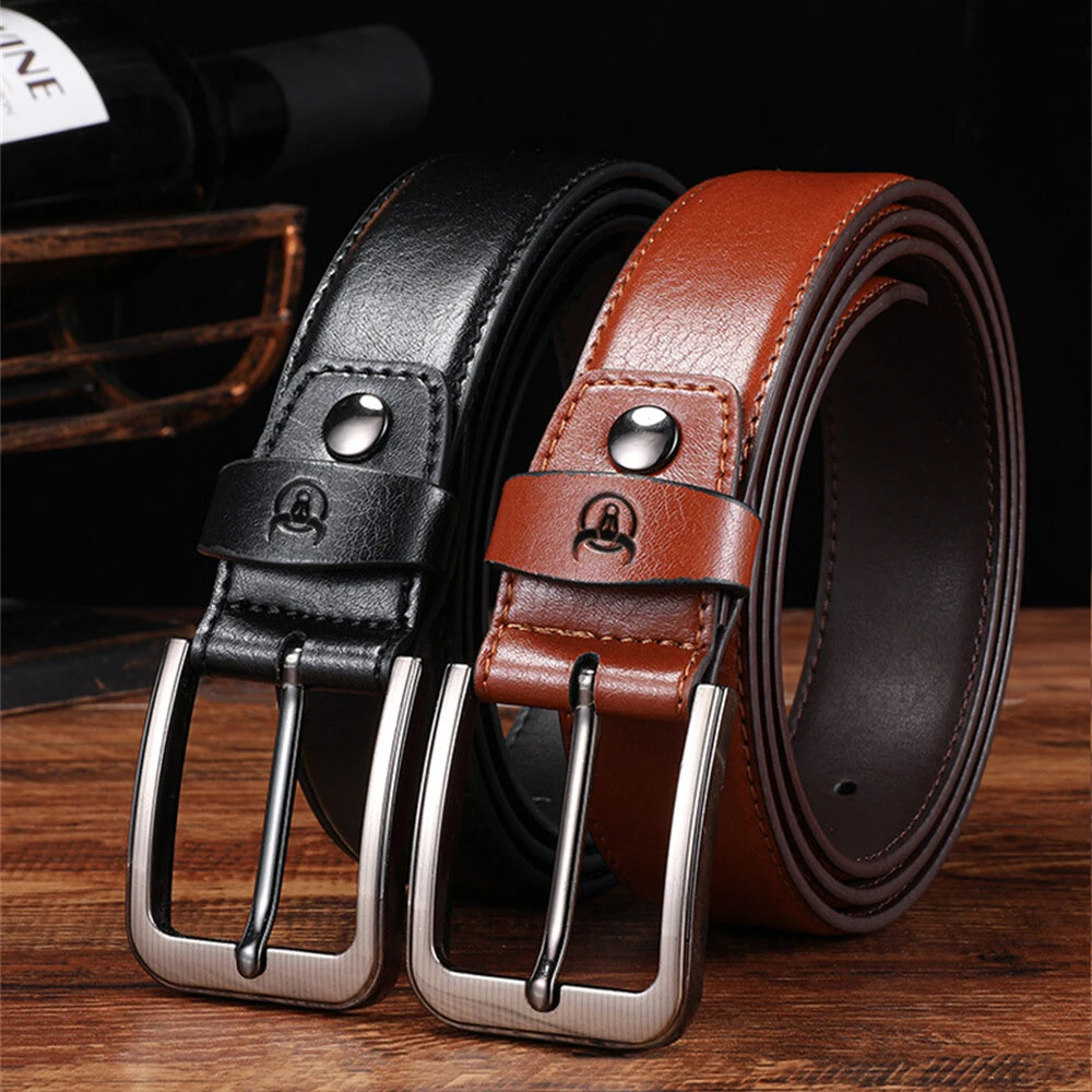 BULLCAPTAIN 130cm Genuine Leather Mens Pinch-buckle Belt with Box Birthday Gift for Husband Father Son