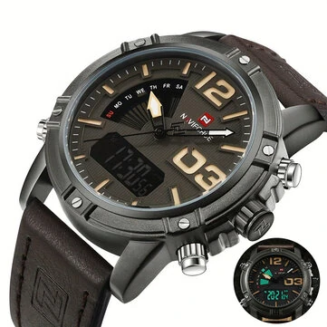 NAVIFORCE Fashion Sport Digital Watches Analog Date Clock Luminous Waterproof Genuine Leather Strap Wristwatch for Male