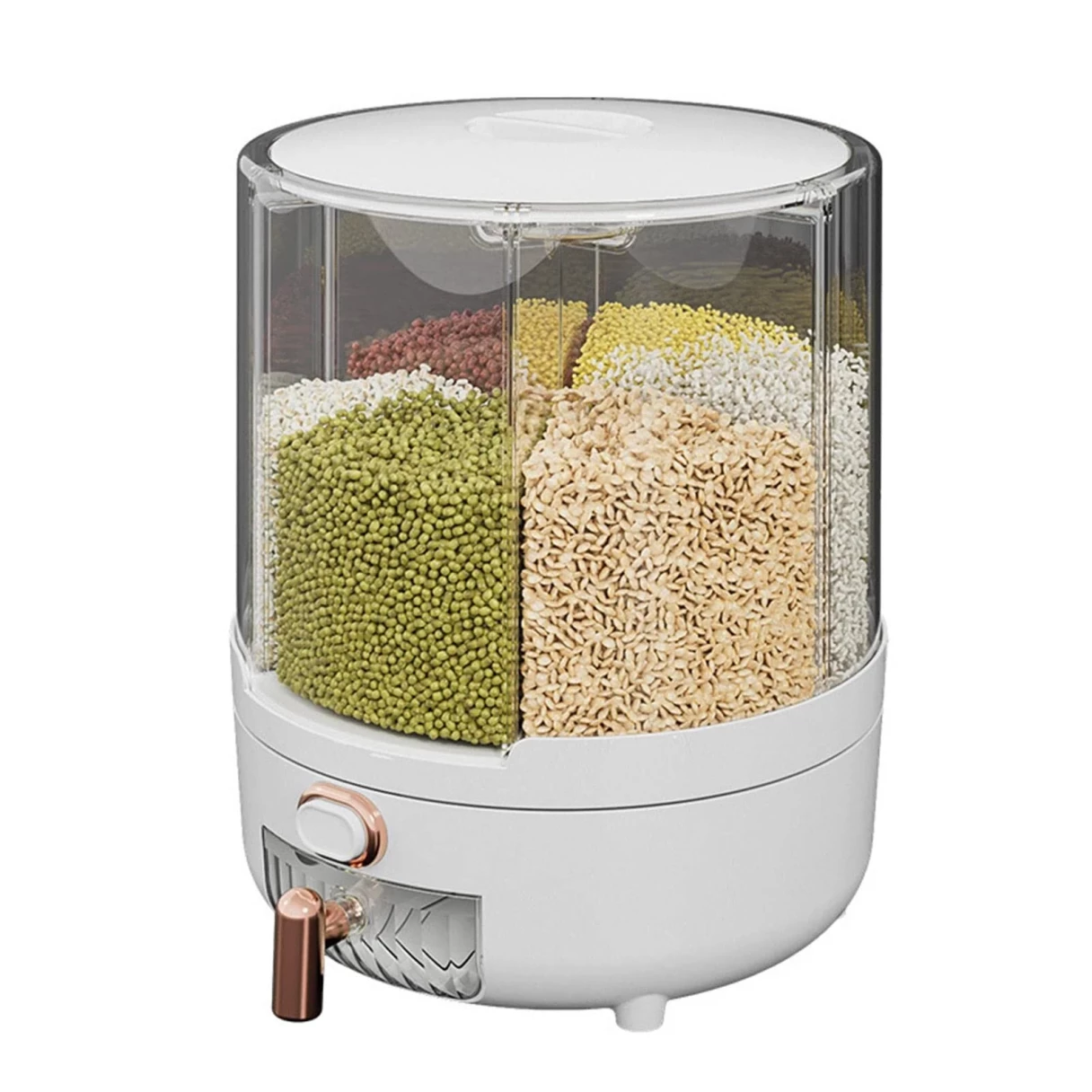 Household Rice Dispenser 360 Degree Rotating Transparent Dry Food Dispenser Sealed Food Holder with 6 Compartments Removable Lid Storage Container for Kitchen Cereals