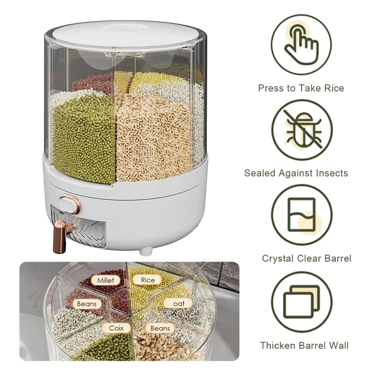 Household Rice Dispenser 360 Degree Rotating Transparent Dry Food Dispenser Sealed Food Holder with 6 Compartments Removable Lid Storage Container for Kitchen Cereals