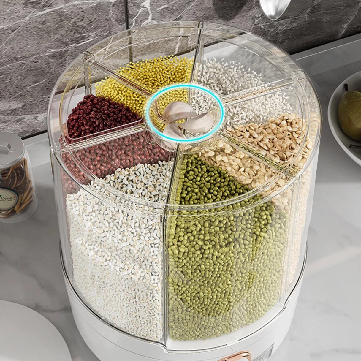 Household Rice Dispenser 360 Degree Rotating Transparent Dry Food Dispenser Sealed Food Holder with 6 Compartments Removable Lid Storage Container for Kitchen Cereals