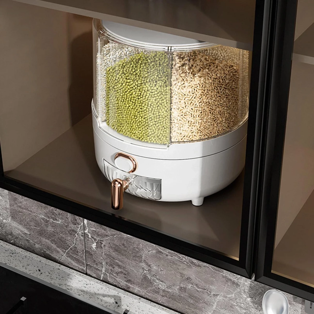 Household Rice Dispenser 360 Degree Rotating Transparent Dry Food Dispenser Sealed Food Holder with 6 Compartments Removable Lid Storage Container for Kitchen Cereals