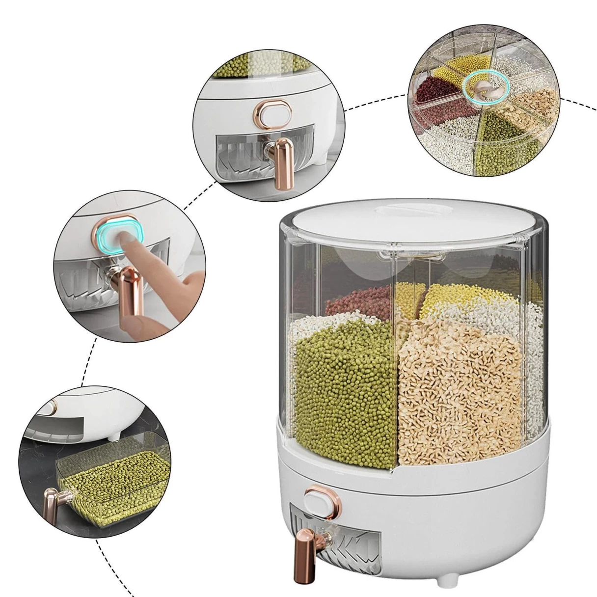 Household Rice Dispenser 360 Degree Rotating Transparent Dry Food Dispenser Sealed Food Holder with 6 Compartments Removable Lid Storage Container for Kitchen Cereals