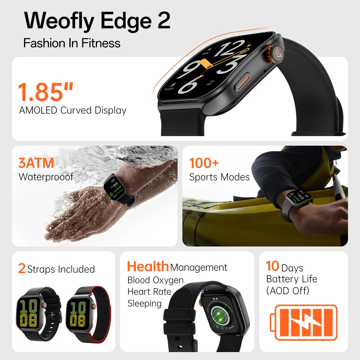 Weofly Edge 2 1.85inch AMOLED Curved Dislay 60Hz Refresh Rate Smooth 3ATM Waterproof Voice Assistant bluetooth Call Heart Rate Blood Oxygen Monitor Sleep Monitoring Breathing Exercise Stress Tracker Female Health Multi-sport Modes Smart Watch